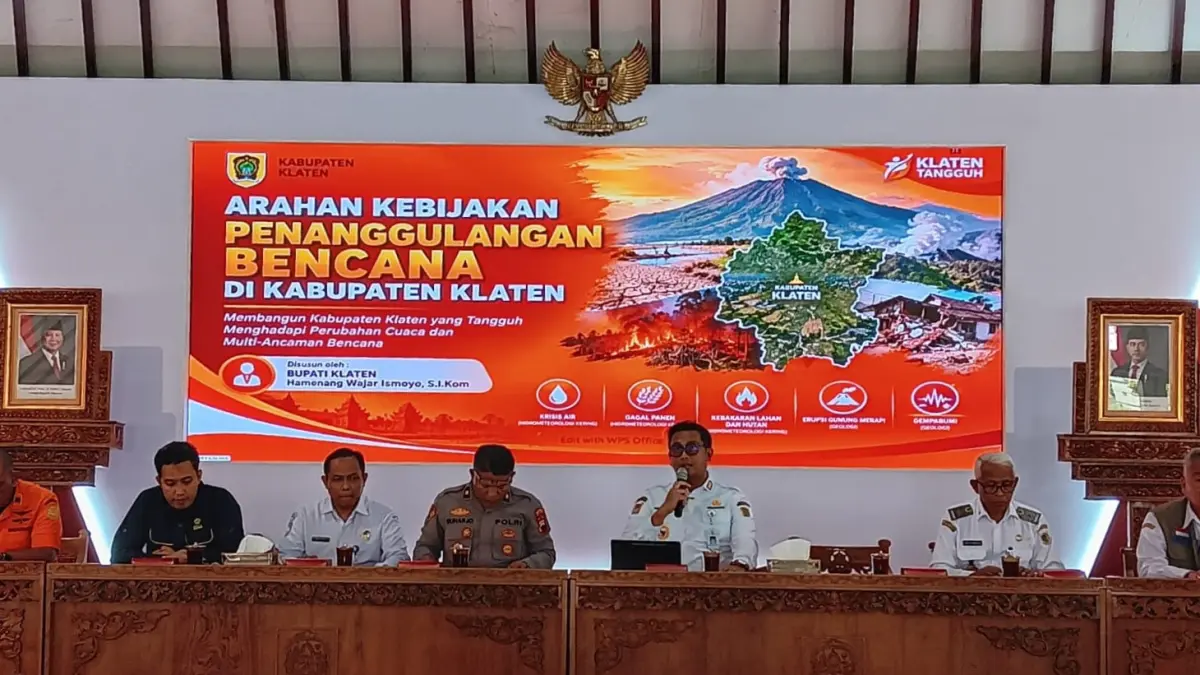 Pemkab Klaten menggelar Sosialisasi Kesiapsiagaan Penanggulangan Potensi Ancaman Bencana Erupsi Merapi, Gempa Bumi dan Kebakaran Hutan dan Lahan (Karhutla) di Pendapa Pemkab Klaten, Rabu (9/9/2026). (Angga Purenda/Radar Solo)