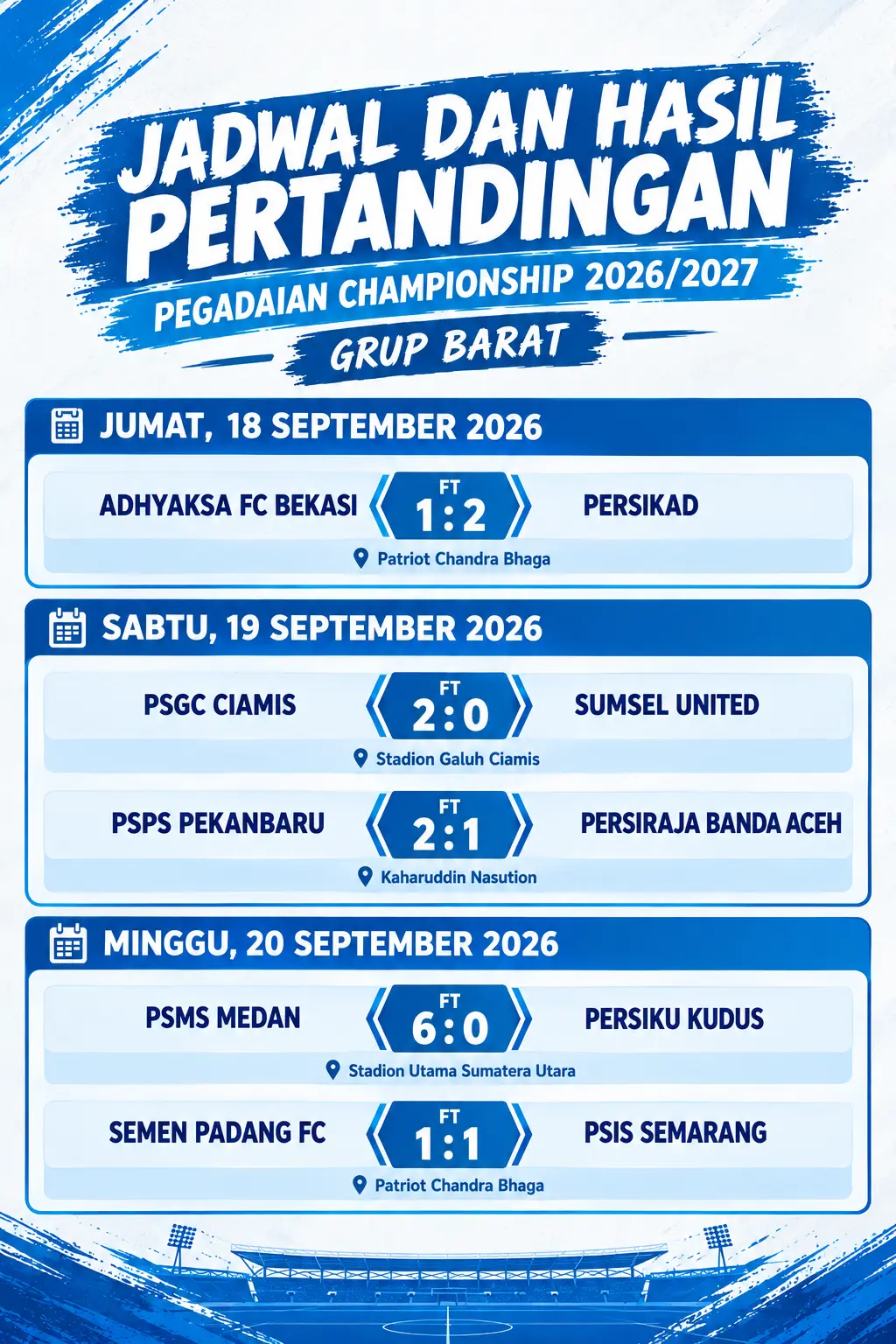 Hasil lengkap laga putaran kedua grup barat di Liga 2 2026/2027 (18-20/9/2026).