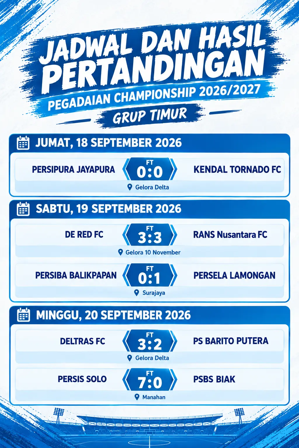 Hasil lengkap laga putaran kedua grup timur di Liga 2 2026/2027 (18-20/9/2026).