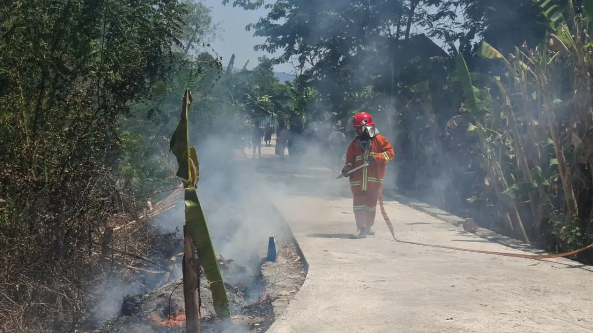 Petugas Damkar Sukoharjo memadamkan lahan yang terbakar di dekat permukiman, belum lama ini. Kejadian karhutla terbanyak terjadi sepanjang Agustus 2026. (DOK. DAMKAR SUKOHARJO)