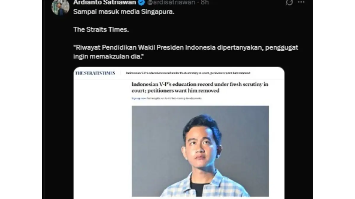 Media Singapura ikut beritakan kasus gugatan pendidikan Wapres Gibran Rakabuming Raka di MK. (X Ardianto Satriawan)