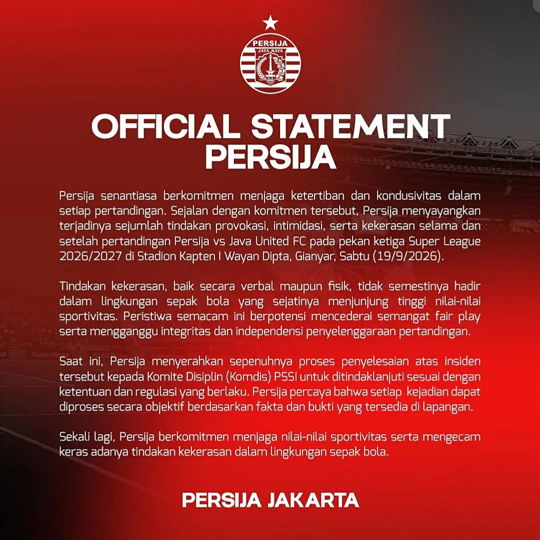 Pernyataan resmi Persija Jakarta. (Tim Media Persija Jakarta)