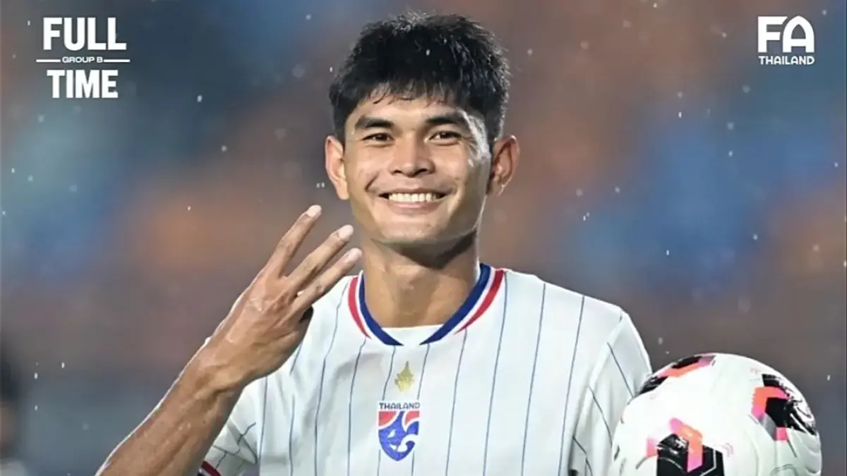Pemain Timnas Thailand merayakan golnya di ajang FIFA ASEAN Cup 2026. (Dok. FA Thai)