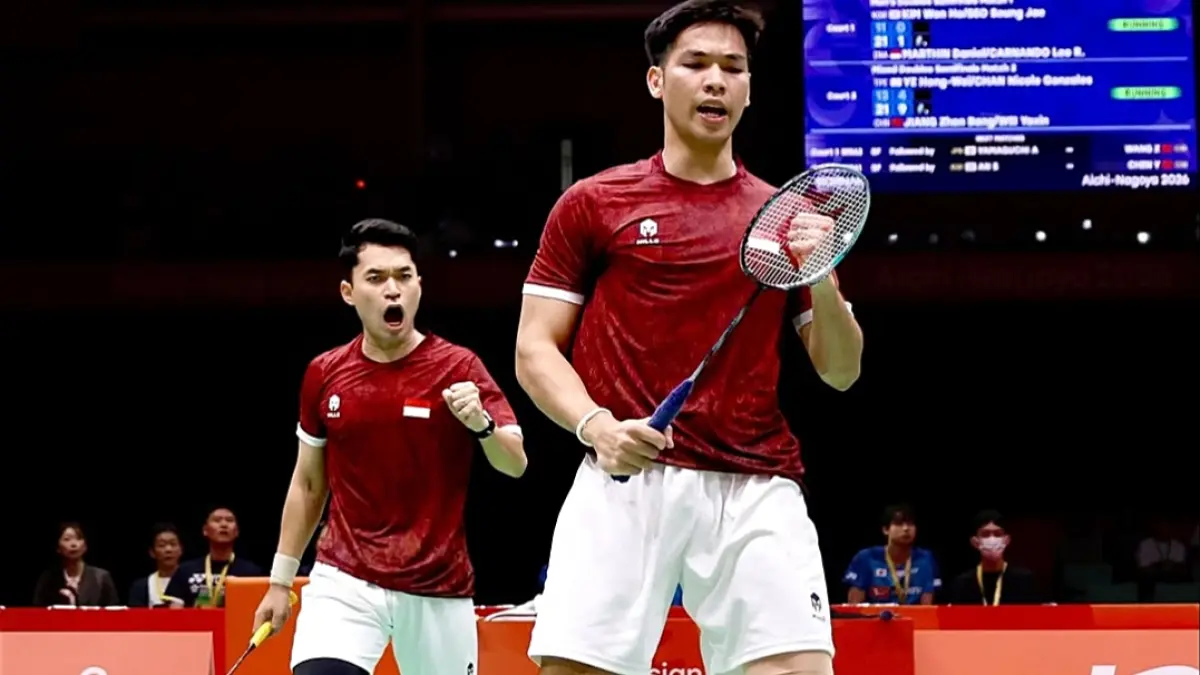 Ganda putra Leo Rolly Carnando/Daniel Marthin yang sukses mengamankan tiket final Asian Games 2026. (INSTAGRAM: @badminton.ina)