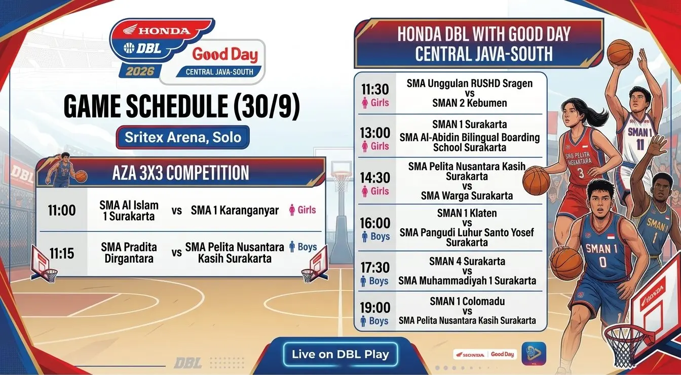 Jadwal pertandingan Honda DBL with Kopi Good Day 2026 Central Java-South, Rabu (29/9/2026).