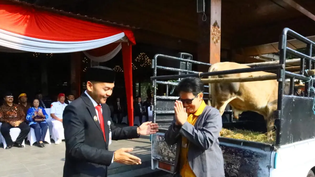 Lurah Mojosongo mendapat kado sapi di Balai Kota Solo, Kamis (1/10). (Silvester Kurniawan/Radar Solo)