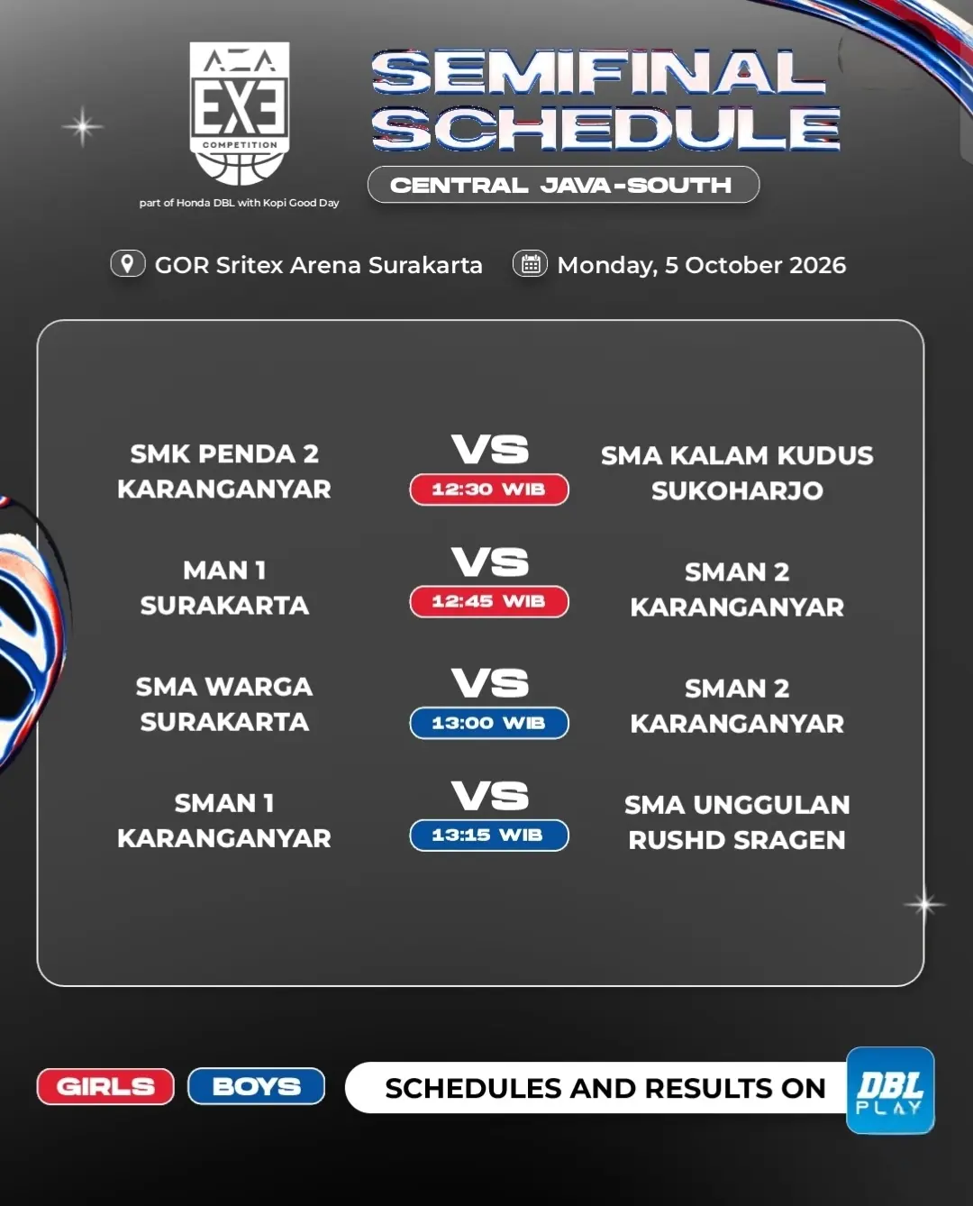 Jadwal AZA 3x3 Competition, Senin (5/10/2026). (Dok. DBL Indonesia)