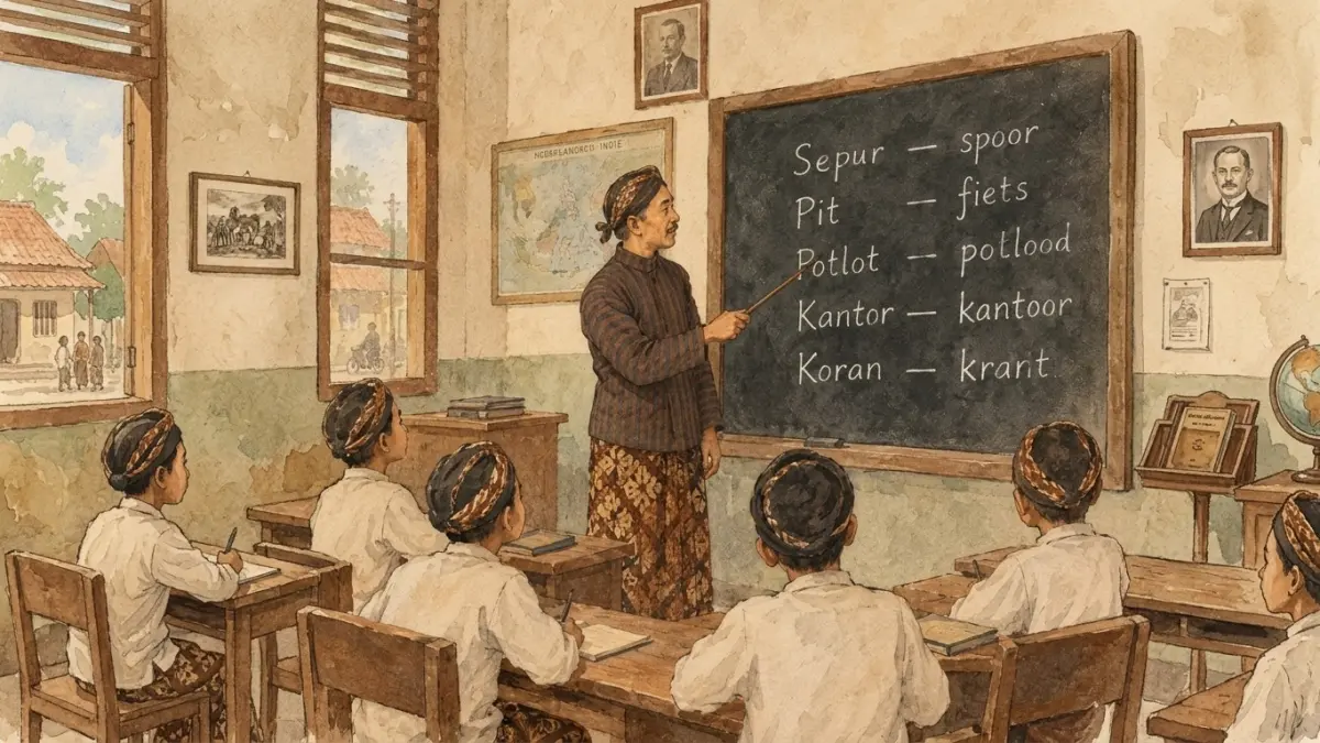 Ilustrasi guru di era Hindia Belanda tengah mengajarkan bahasa Jawa dan Bahasa Belanda ke muridnya.