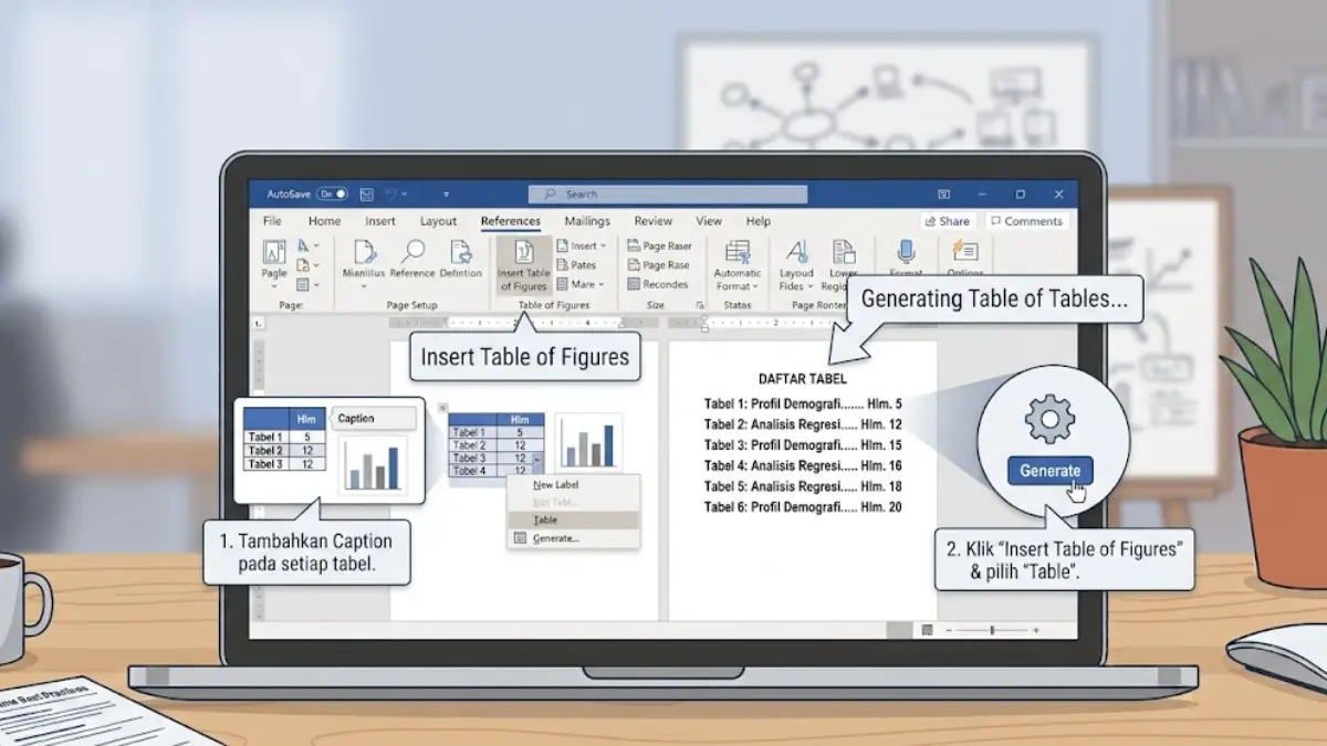 Microsoft Word menyediakan fitur untuk membuat daftar tabel secara otomatis.