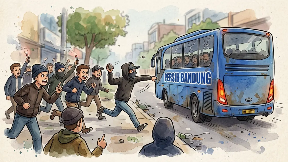 Ilustrasi suporter yang membuat kericuhan ke bus pemain Persib Bandung. (Ai)