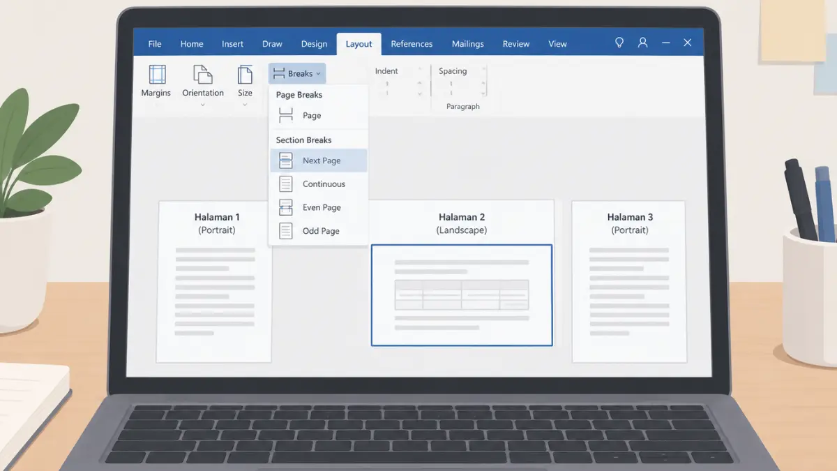 Ubah orientasi halaman dengan menggunakan fitur Section Break di Microsoft Word.