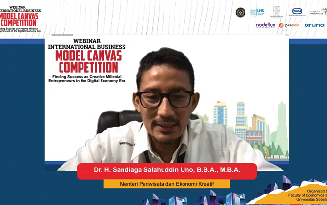Menparekraf Sandiaga Salahuddin Uno dalam webinar yang digelar Fakultas Ekonomi dan Bisnis (FEB) UNS belum lama ini.