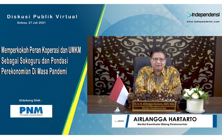 Menteri Koordinator Bidang Perekonomian Airlangga Hartarto dalam Webinar Spesial HUT Koperasi ke-74, Selasa (27/7).