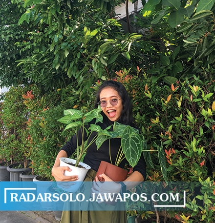 BIKIN HAPPY: Nuning Harsono bersama tanaman berdaun yang menjadi kelangenannya. (SEPTINA FADIA PUTRI/RADAR SOLO)