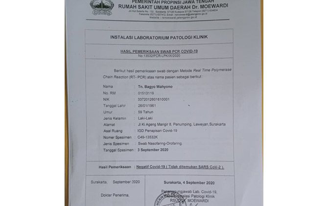 Salinan hasil uji swab yang telah dilakukan Bagyo Wahyono di RSUD dr Moewardi.