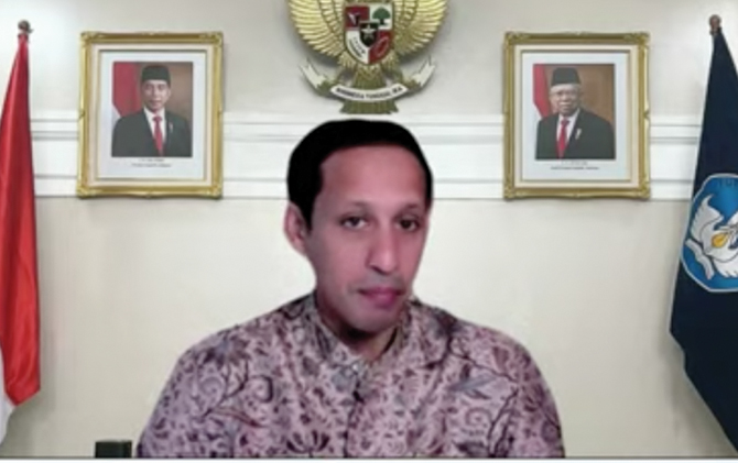 MendikbudristekNadiem Anwar Makarim, dalam peluncuran Merdeka Belajar episode 12 secara virtual, Kamis (26/8). (ANTARA)