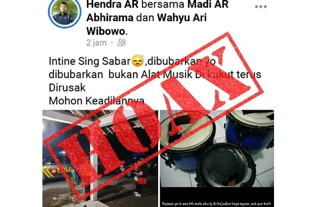 Unggahan di Facebook mengenai perusakan alat musik ketipung oleh polisi dipastikan hoax.