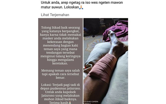 Postingan Danang yang menuding kapolsek Jatisrono menendang warga. Postingan tersebut telah dihapus.
