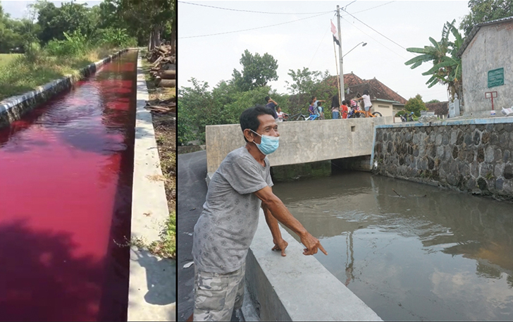 FOTO KIRI: Sungai yang melintasi Desa Ngreden, Kecamatan Wonosari yang mendadak berwarna merah pekat. FOTO KANAN: Warga saat menunjukan sungai yang membelah wilayah perkampungan di Desa Ngreden, Kecamatan Wonosari yang sempat mendadak berwarna merah pekat