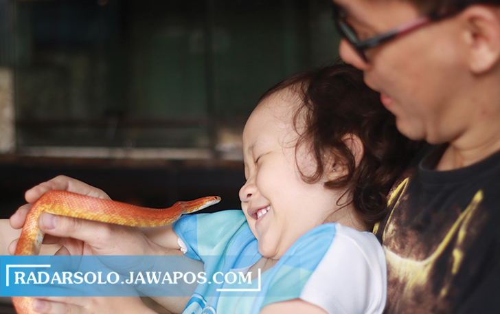 AMAN: Candra Yunanto dan putrinya bercengkerama bersama ular jagung koleksinya. (M. IHSAN/RADAR SOLO)
