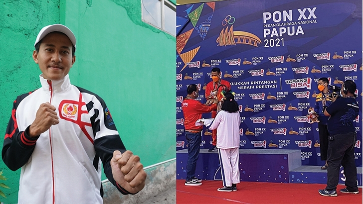 BERJAYA DI PAPUA: Foto kiri, Atlet pencak silat asal Klaten, Khoirudin Mustakim. Foto kanan, Mustakim saat mendapakatkan medali emas dalam cabor pencak silat di PON XX Papua 2021 (Dokumentasi Pribadi)
