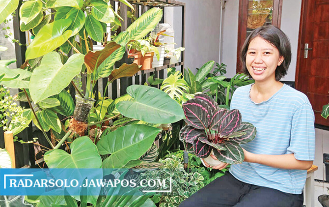 SUKA BERKEBUN: Misrozana menunjukkan tanaman Calathea Black Lipstik miliknya. (TIA HANDAYANI/RADAR SOLO)