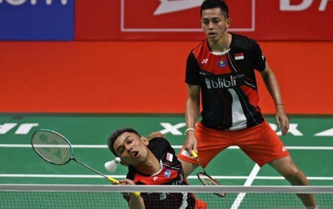 Pasangan Fajar/Rian memastikan diri lolos ke 16 besar Denmark Open 2021. (ANTARA)