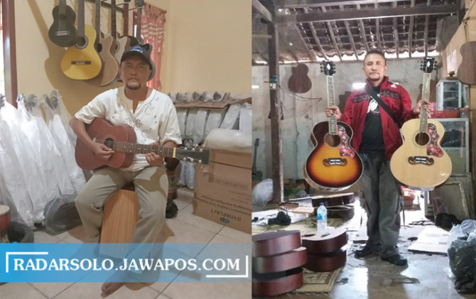 OPTIMISTIS: Sukardi dengan beberapa gitar yang dijualnya di tokonya di Dusun Jebol RT 1 RW 1, Desa Ngrombo, Kecamatan Baki, Sukoharjo. (IWAN KAWUL/RADAR SOLO)