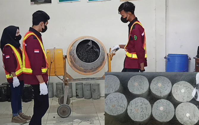TEROBOSAN: Tim Glory Ganesha dan Banesha Wilwatikta sedang membuat beton dari ampas tebu. Foto kanan, beton yang sudah jadi. (ISTIMEWA)