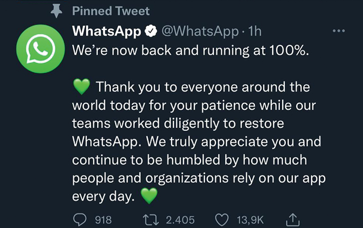 WhatsApp dalam akun resminya di Twitter mengumumkan jika aplikasi tersebut sudah berjalan normal, setelah sempat down.