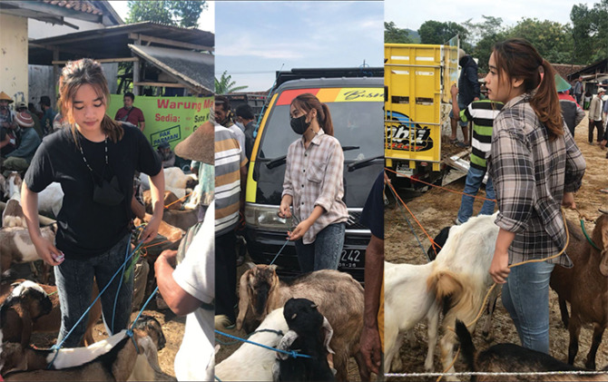 ANTIGENGSI: Candra Dwi Febriani menjual kambing di Pasar Hewan Purwantoro bersama ayah dan kakaknya setiap pasar Pon. (ISTIMEWA)