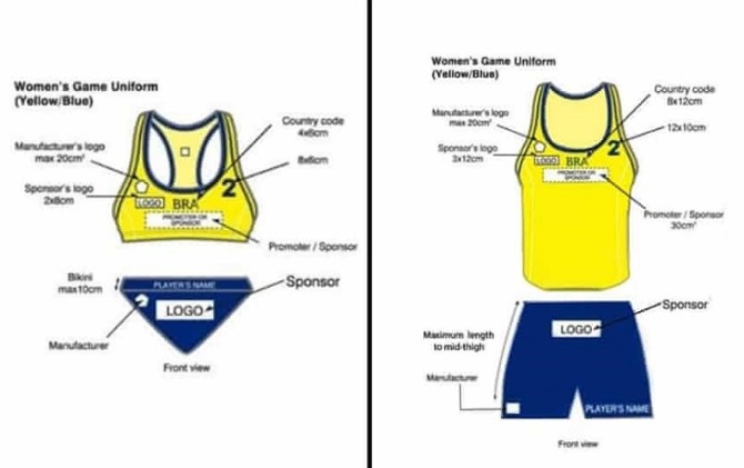 Panduan seragam tim bola tangan yang kini tak harus dengan desain bikini (gambar kanan).