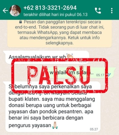 MERESAHKAN: Tangkapan layar akun palsu Bupati Sri Mulyani. Diskominfo Klaten mengimbau masyarakat berhati-hati. (ISTIMEWA)