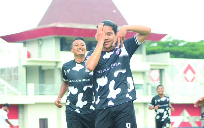 Striker Persebi Boyolali Haidar Nur Afif merayakan golnya di Liga 3 2021 musim ini. Dia sudah mencetak empat gol untuk Persebi. (OFISIAL PERSEBI BOYOLALI FOR RADAR SOLO)