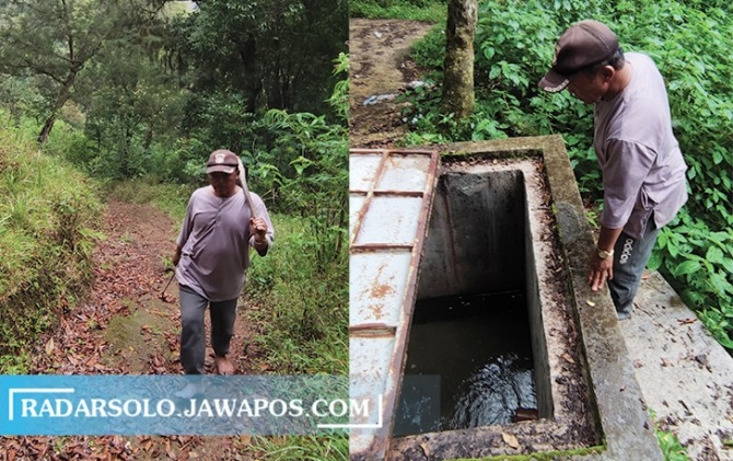 PEJUANG LINGKUNGAN: Samsu Darsono rela berjalan jauh menaik bukit demi menjaga sumber mata air demi warga tiga desa. (TRI WAHYU CAHYONO/RADAR SOLO)
