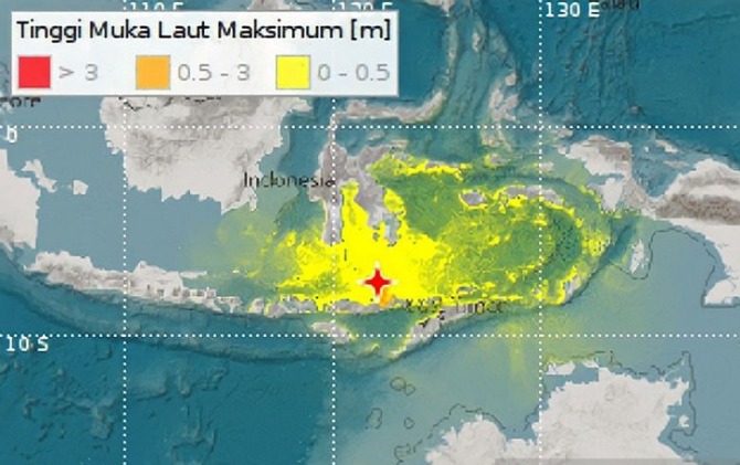 Peta gempa bumi bermagnitudo 7,4 di Laut Flores. (ANTARA)