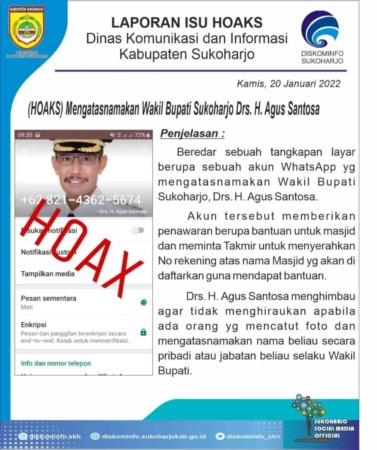 WASPADA: Diskominfo Sukoharjo mengeluarkan peringatan aksi penipuan yang mengatasnamakan Wabup Agus Santosa. (IWAN KAWUL/RADAR SOLO)