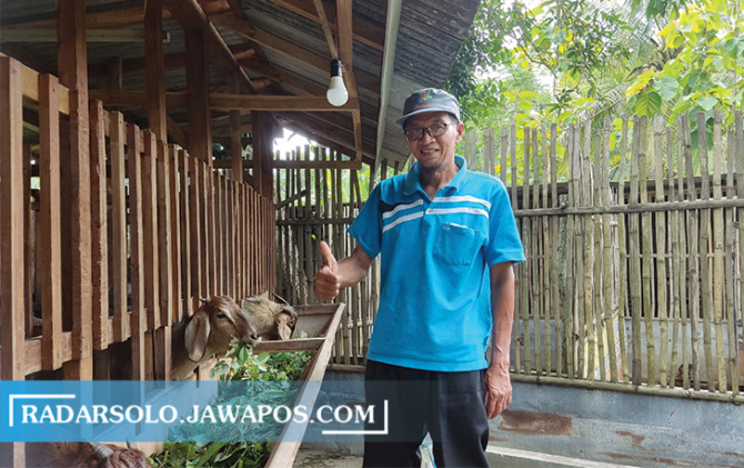 SELALU BERSIH: Sucipto di depan kandang ternak kambing miliknya, Jumat (21/1). (IWAN ADI LUHUNG/RADAR SOLO)