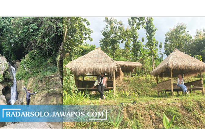 MASIH ALAMI: Air terjun Grojogan Selondo belum banyak dikunjungi wisatawan. Padahal air terjun ini memiliki potensi yang bisa dikembangkan. (foto kanan) Gazebo yang berada di atas Grojogan Selondo. Wisatawan dapat menikmati perbukitan yang asri. (AJENG NU
