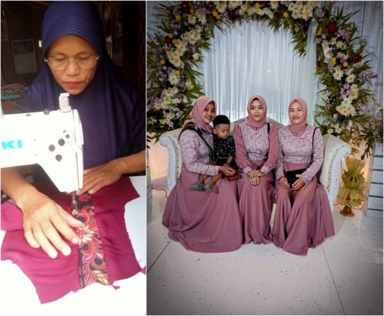 FOKUS: Sumarni dan beberapa produk fashion hingga gamis buatannya. (ISTIMEWA)