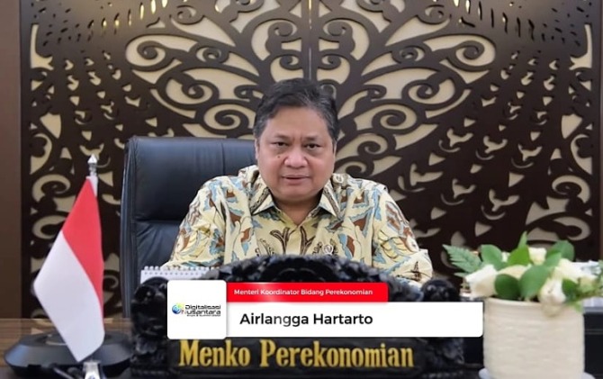 Menko Bidang Perekonomian Airlangga Hartarto saat closing speech virtual Digitalisasi Nusantara Expo & Summit 2022.