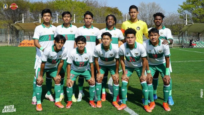 Dua pemain Persis Youth Marcel Januar (jongkok pojok kanan) dan Erlangga Setyo (bediri dua dari kanan) saat bergabung dengan Timnas U-19 saat TC di Korsel. (DOk. PSSI)