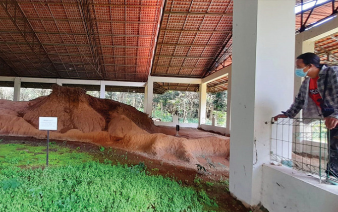 PRIHATIN: Pengunjung melihat tanah gersang yang diawetkan dalam bangun joglo di Monumen Tanah Kritis, Desa Sukosari, Kecamatan Jumantono, Karanganyar. (RUDI HARTONO/RADAR SOLO)