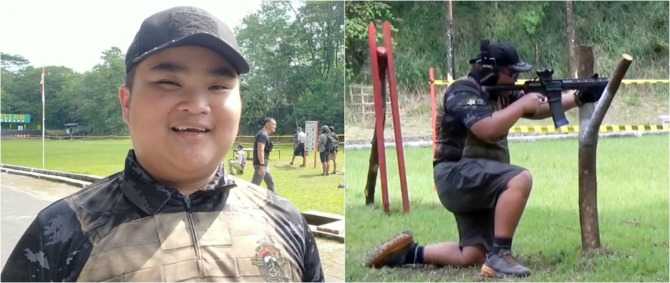 MENTAL KUAT: Sergio Sanjaya ketika mengikuti sebuah kejuaraan menembak (kanan). Dan Sergio saat diwawancarai (kiri).  (DOK. PRIBADI)