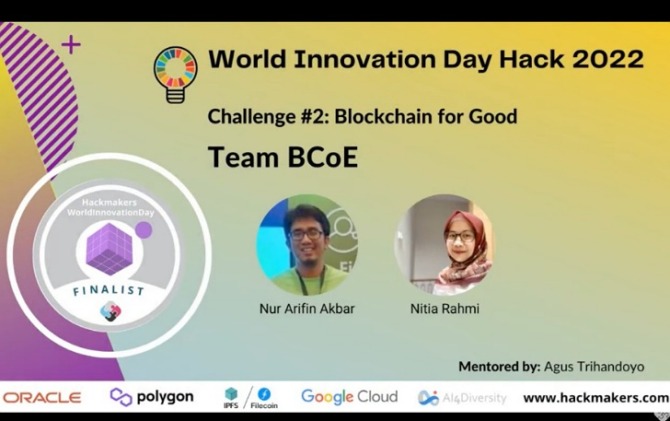 Dua Insan BRILian Nur Arifin Akbar dan Nitia Rahmi meraih Silver Medal Finalist di UN World Innovation Day Hack 2022.