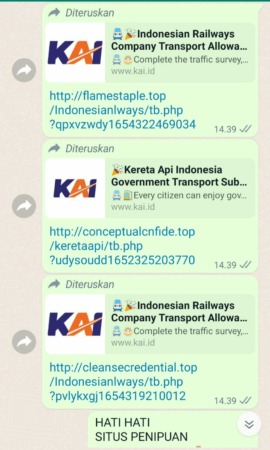 WASPADA: Hoax informasi promo Kereta Api Indonesia (KAI) yang bertebaran di sejumlah grup WhatsApp. (ISTIMEWA)