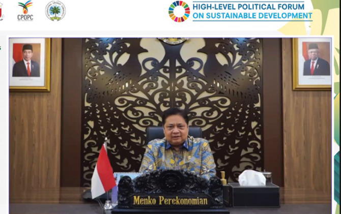 Menteri Koordinator Bidang Perekonomian Airlangga Hartarto dalam sambutannya secara virtual pada acara Webinar United Nations Economic And Social Council (UN-ECOSOC) High Level Political Forum (HLPF).