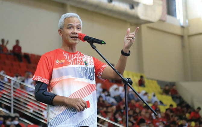 Gubernur Jateng Ganjar Pranowo saat memberikan sambutan dalam pembukaan Popda Jateng 2022, Selasa (12/7).
