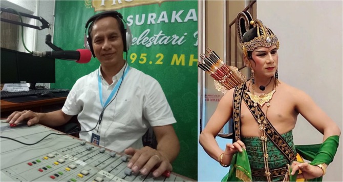JIWA SENI: Ali Marsudi saat siaran tentang budaya di Studi RRI Surakarta. Foto kanan, saat pentas sebagai Arjuna. (SILVESTER KURNIAWAN/RADAR SOLO)