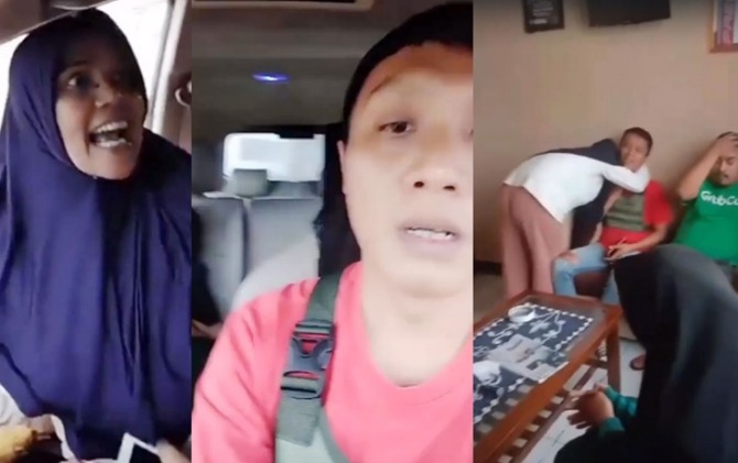 Kolase tangkap layar video seorang ibu berkata kasar ke driver online di Tasikmalaya. Ibu-ibu tampak meminta maaf ke driver online (video kanan)